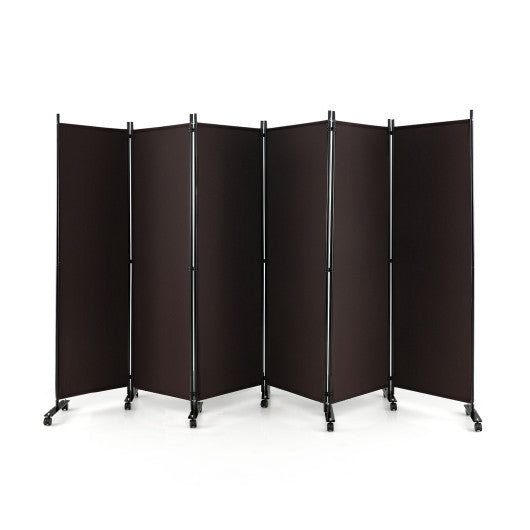 6 Panel 5.7 Feet Tall Rolling Room Divider on Wheels-Brown