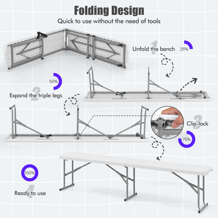 6 Feet Plastic Folding Bench Picnic Camping Dining Seat with Carrying Handle-White