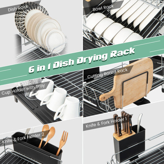 2-Tier Detachable Dish Rack with Drainboard and 360Â° Swivel Spout