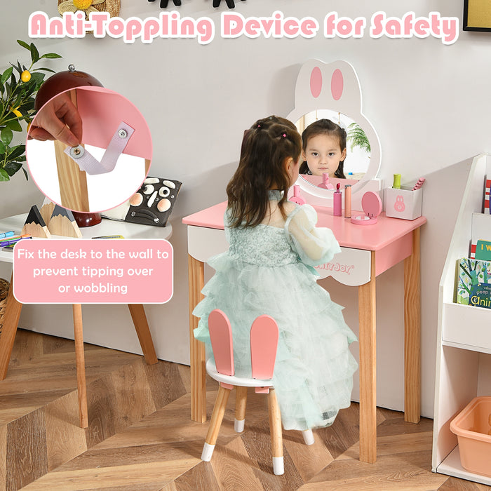 Kids Vanity Set Rabbit Makeup Dressing Table Chair Set with Mirror and Drawer-Pink