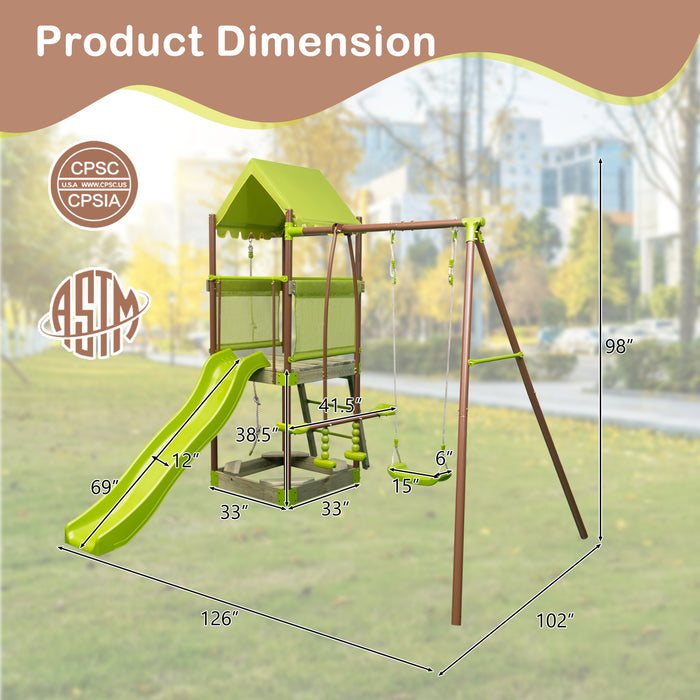 7-in-1 Kids Outdoor Metal Playset with Wave Slide and Climbing Rope-Green