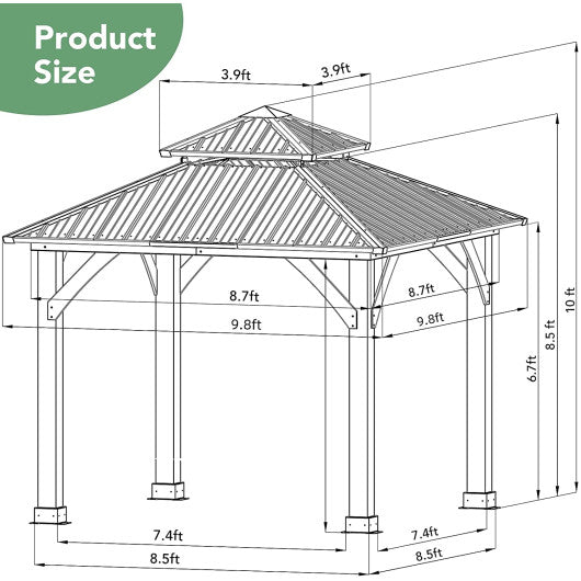 10 x 10 Feet Patio Pine Wood Hardtop Gazebo with Double Steel Roof for Outdoor-Gray