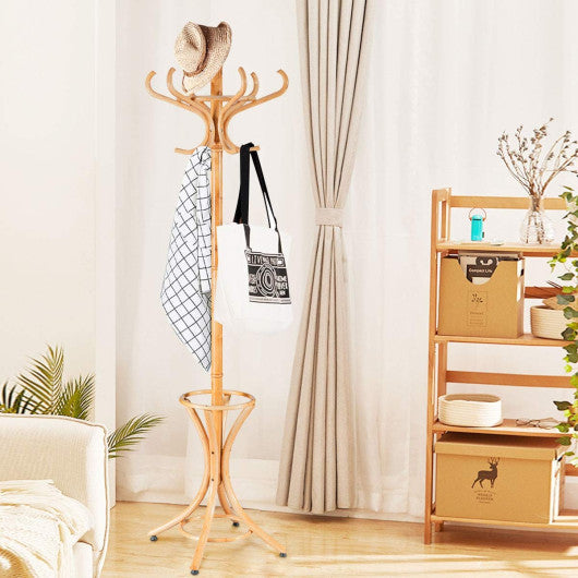 Wood Standing Hat Coat Rack with Umbrella Stand-Natural