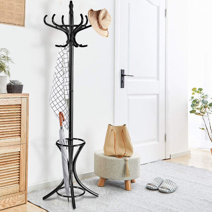 Wood Standing Hat Coat Rack with Umbrella Stand-Black