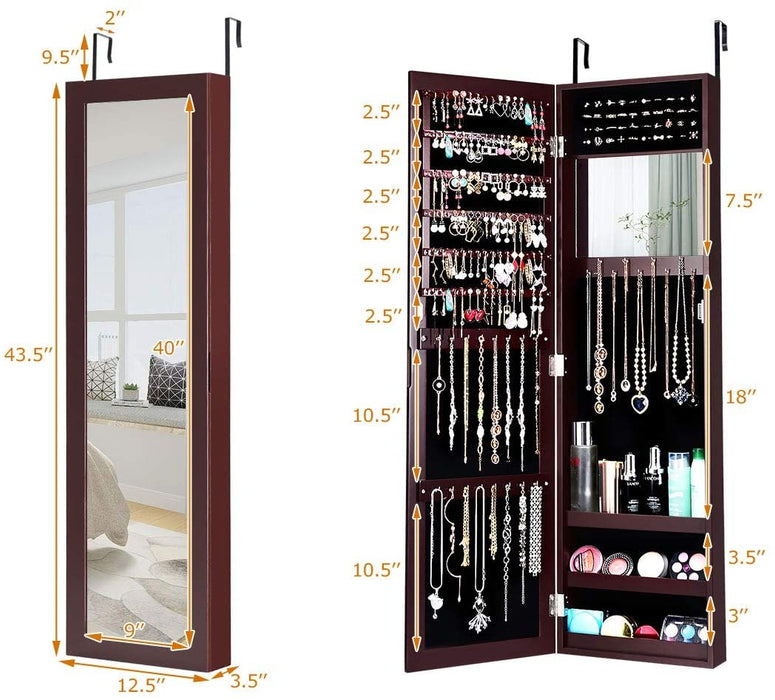 Full Length Mirror Jewelry Cabinet with Ring Slots and Necklace Hooks-Dark Brown