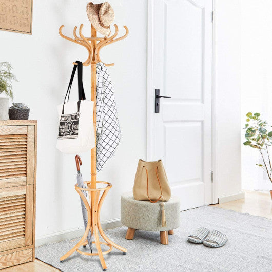 Wood Standing Hat Coat Rack with Umbrella Stand-Natural