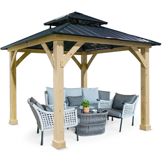 10 x 10 Feet Patio Pine Wood Hardtop Gazebo with Double Steel Roof for Outdoor-Gray