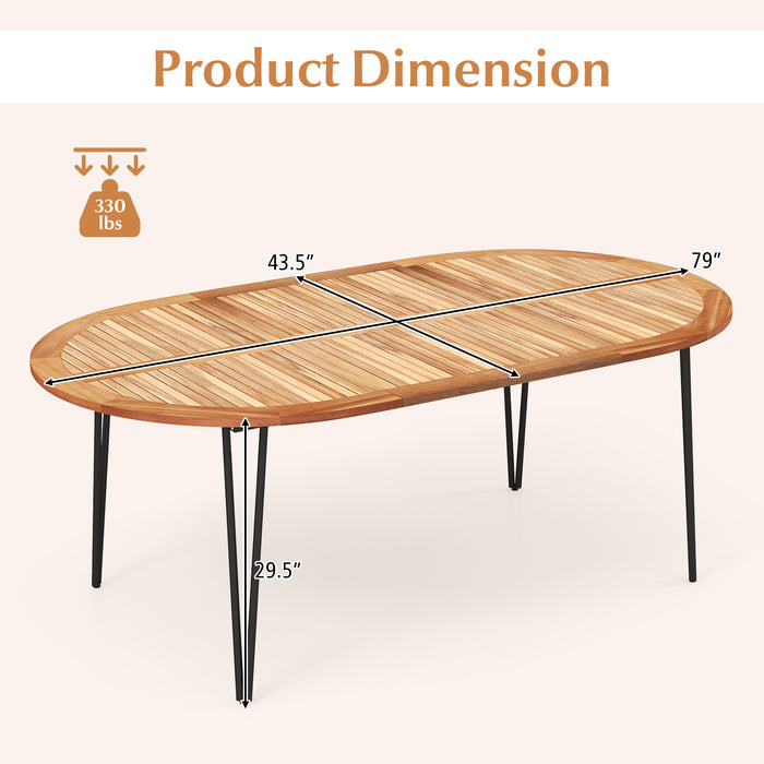 79 Inch Oval Patio Dining Table with Umbrella Hole and Acacia Wood Tabletop for 8 People