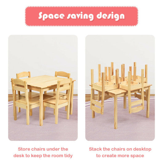 5 pcs Kids Pine Wood Table Chair Set-Natural