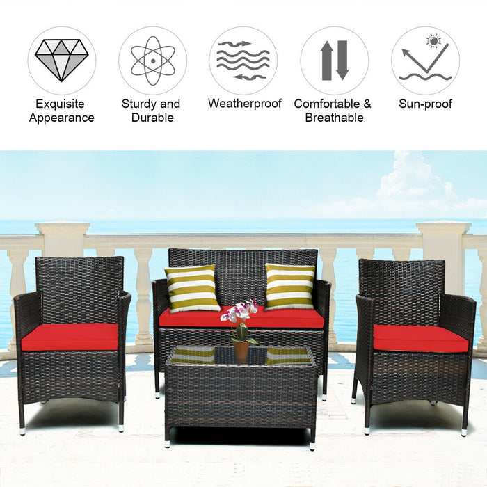 4 Pieces Comfortable Rattan Outdoor Conversation Furniture Set with Glass Table