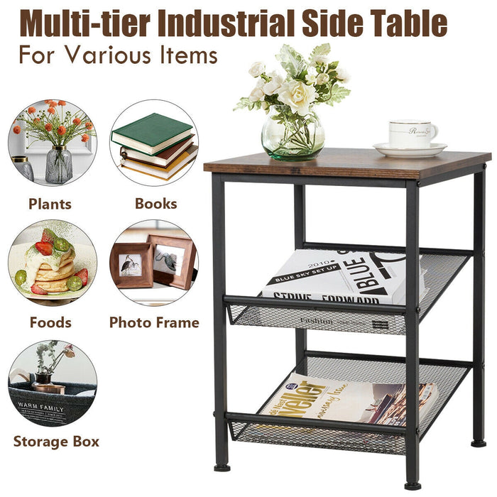 3-Tier Industrial End Table with Mesh Shelves and Adjustable Shelves