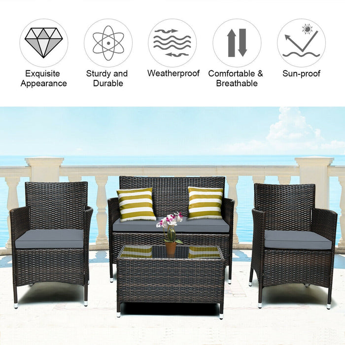 4 Pieces Comfortable Outdoor Rattan Sofa Set with Glass Coffee Table-Gray