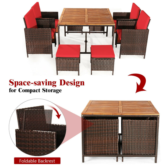 9 Pieces Patio Rattan Dining Cushioned Chairs Set-Red