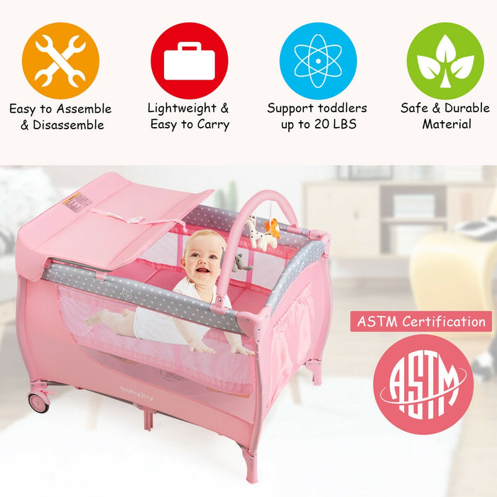 Foldable Safety  Baby Playard for Toddler Infant with Changing Station-Pink