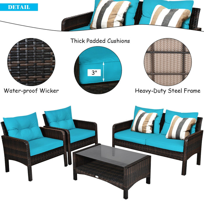 4 Pieces Outdoor Rattan Wicker Loveseat Furniture Set with Cushions-Turquoise