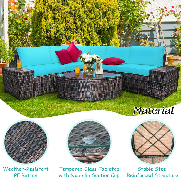 6 Piece Wicker Patio Sectional Sofa Set with Tempered Glass Coffee Table-Turquoise