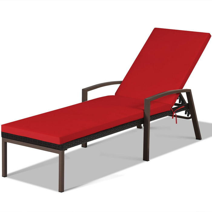 Patio Rattan Lounge Chaise Recliner with Back Adjustable Cushioned-Red