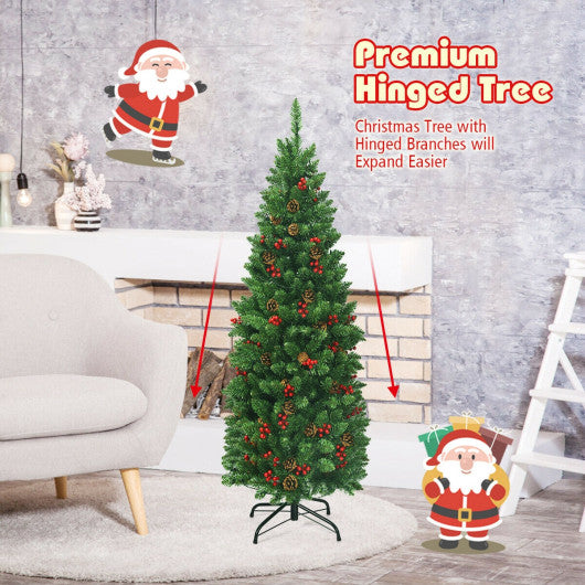 4.5 Feet Pre-lit Hinged Pencil Christmas Tree with Pine Cones Red Berries and 150 Lights