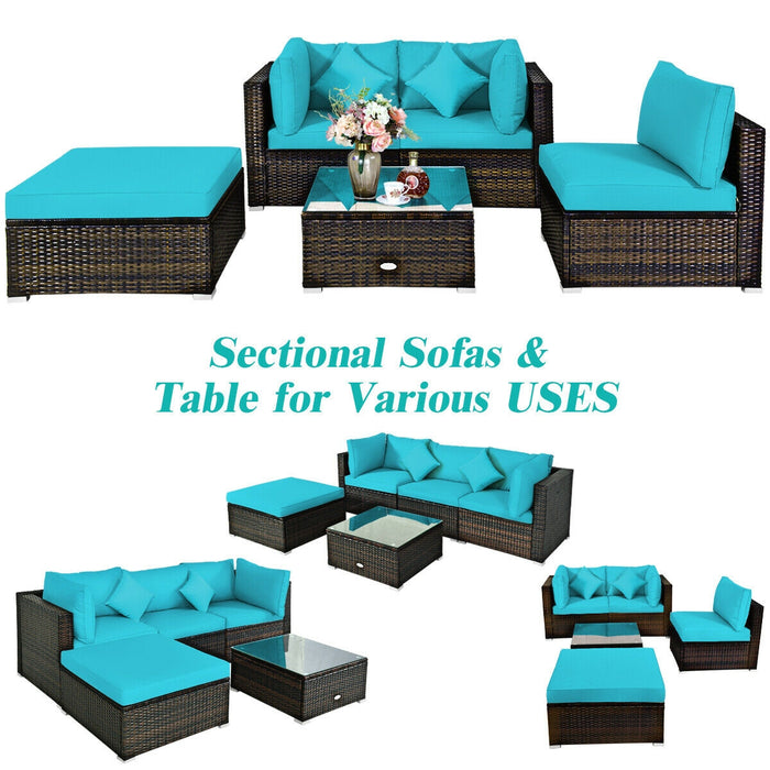 5 Pcs Outdoor Patio Rattan Furniture Set Sectional Conversation with Navy Cushions-Turquoise