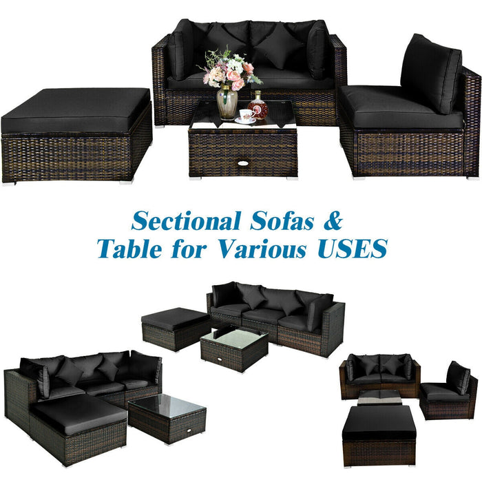 5 Pcs Outdoor Patio Rattan Furniture Set Sectional Conversation with Cushions-Black