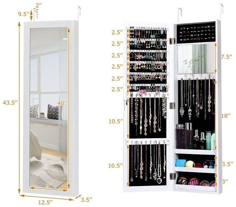 Full Length Mirror Jewelry Cabinet with Ring Slots and Necklace Hooks-White