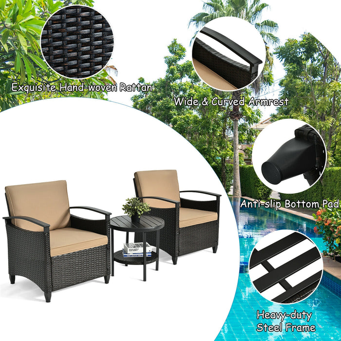 3 Pieces Patio Rattan Furniture Set Cushioned Sofa Storage Table with Shelf Garden