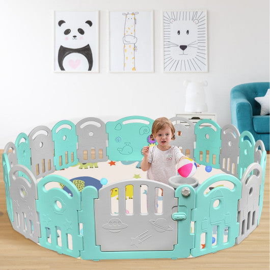 18-Panel Baby Playpen with Music Box & Basketball Hoop-Gray