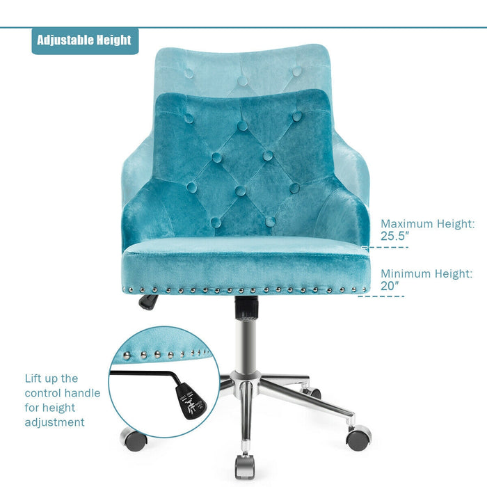 Tufted Upholstered Swivel Computer Desk Chair with Nailed Tri-Turquoise