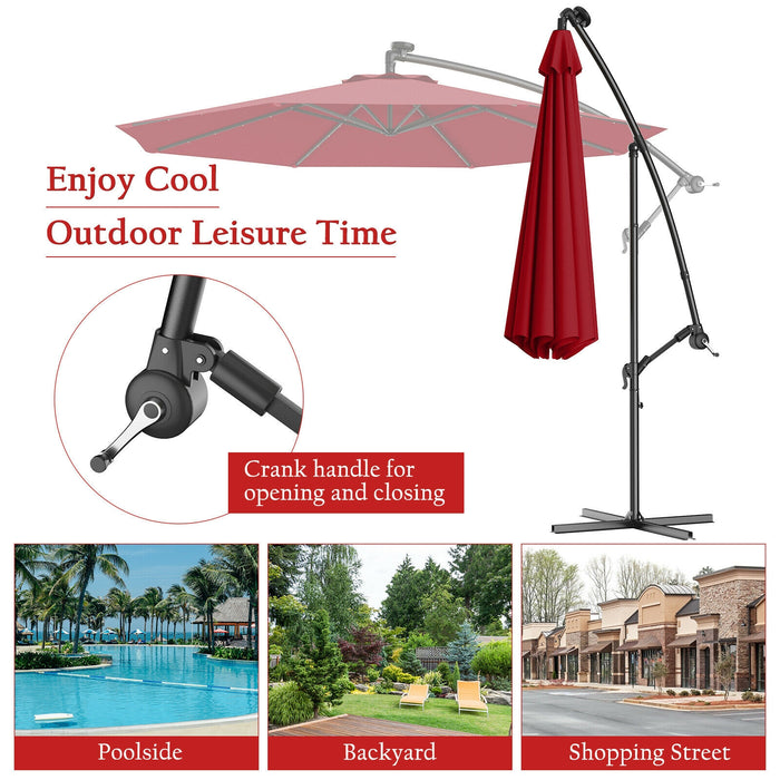 10 Feet Patio Hanging Solar LED Umbrella Sun Shade with Cross Base-Dark Red