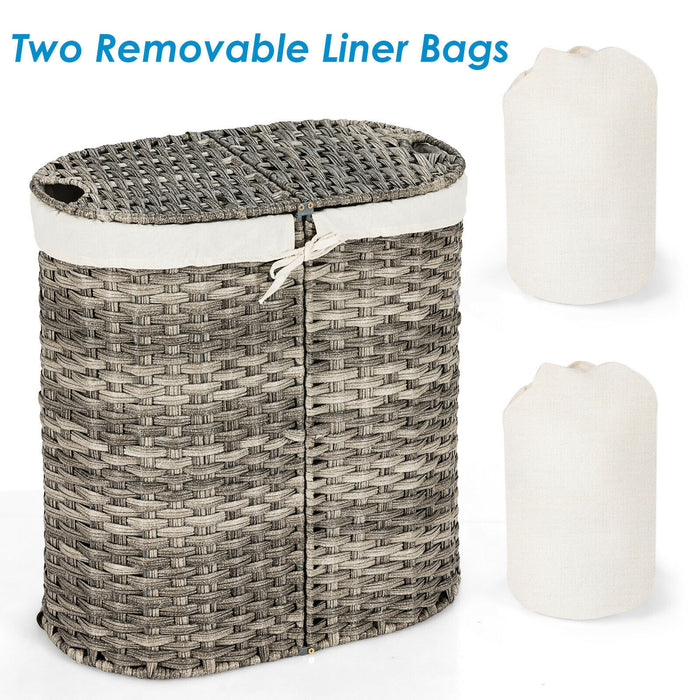 Handwoven Laundry Hamper Basket with 2 Removable Liner Bags-Gray