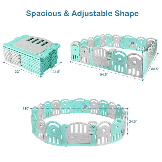 20-Panel Playpen with Music Box and Basketball Hoop-Light Green