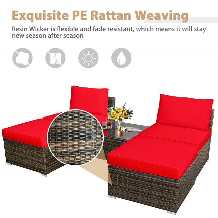 5 Pieces Patio Rattan Furniture Set with Cushioned Armless Sofa-Red