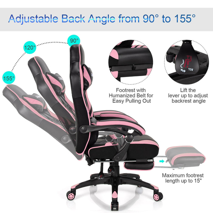 Adjustable Gaming Chair with Footrest for Home Office-Pink