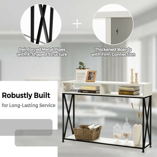 Console Table with Open Shelf and Storage Compartments Steel Frame-White