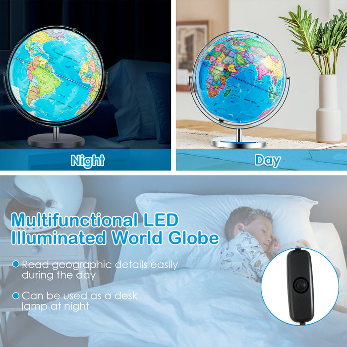 13 Inch Illuminated World Globe 720Â° Rotating Map with LED Light