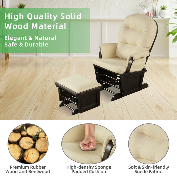 Wood Baby Glider and Ottoman Cushion Set with Padded Armrests for Nursing-Beige