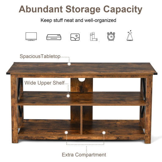 3 Tier Wood TV Stand for 55-Inch with Open Shelves and X-Shaped Frame-Brown