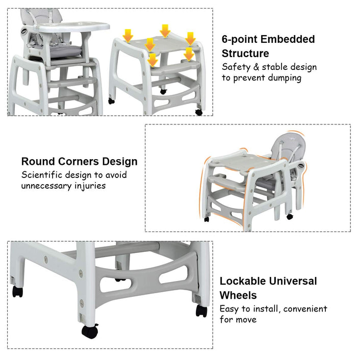 3-in-1 Baby High Chair with Lockable Universal Wheels-Gray