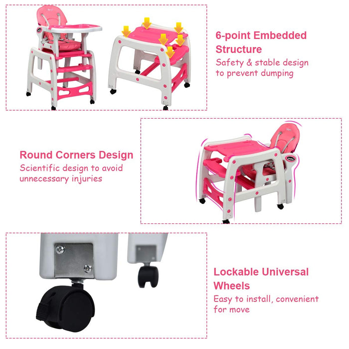 3-in-1 Baby High Chair with Lockable Universal Wheels-Pink