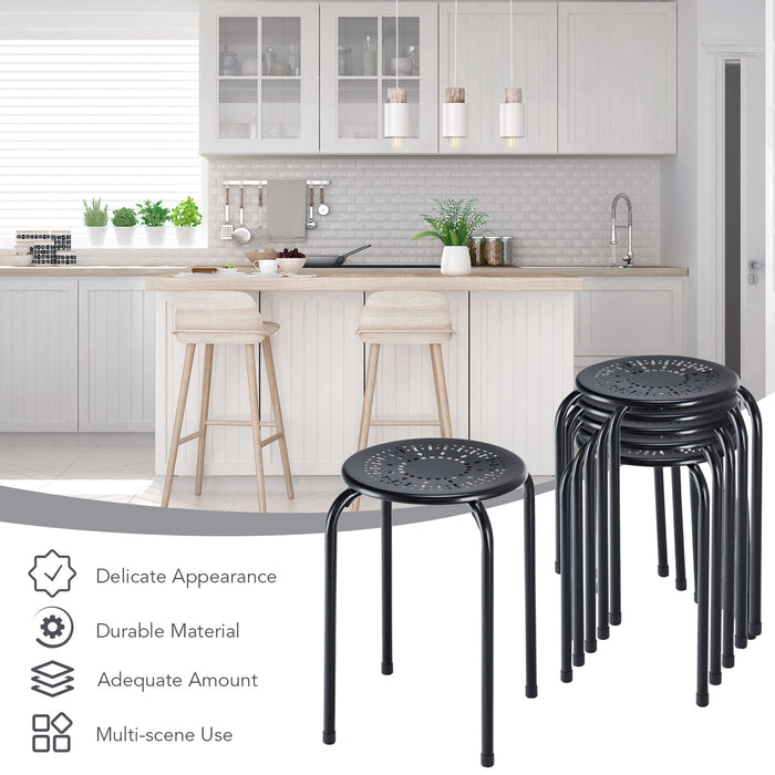 Set of 6 Stackable Multifunctional Daisy Design Backless Round Metal Stool Set-Black