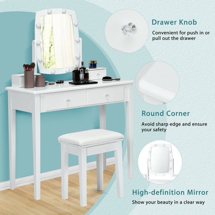 Vanity Table Set with Lighted Mirror for Bedroom and Dressing Room-White