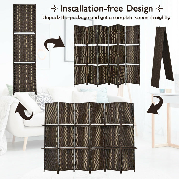 6 Panel Folding Weave Fiber Room Divider with 2 Display Shelves -Brown