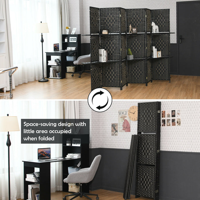 6 Panel Folding Weave Fiber Room Divider with 2 Display Shelves -Black