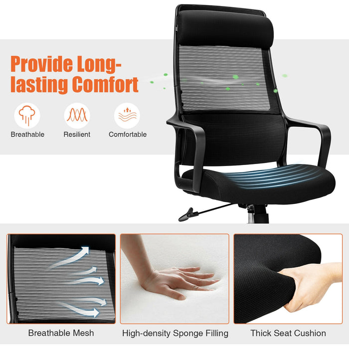 Adjustable Mesh Office Chair with Heating Support Headrest-Black