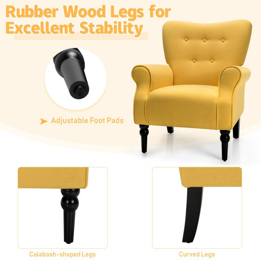 Modern Accent Chair with Tufted Backrest and Rubber Wood Avocado Legs-Yellow