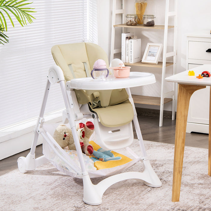 Baby Convertible Folding Adjustable High Chair with Wheel Tray Storage Basket-Beige