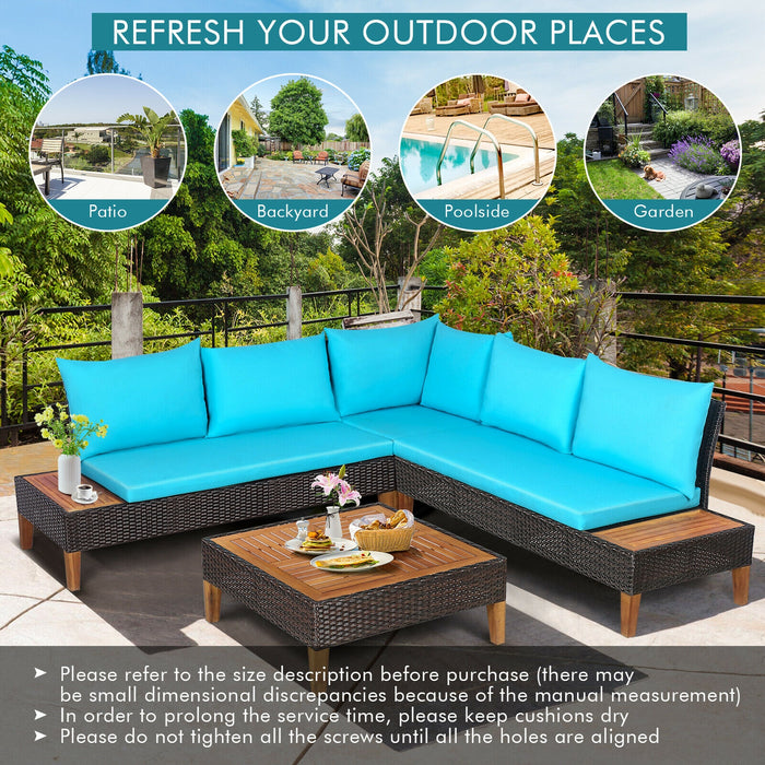 4 Pieces Patio Cushioned Rattan Furniture Set with Wooden Side Table-Turquoise