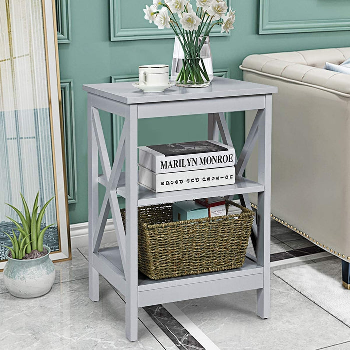 3-Tier X-Design Nightstands with Storage Shelves for Living Room Bedroom-Gray