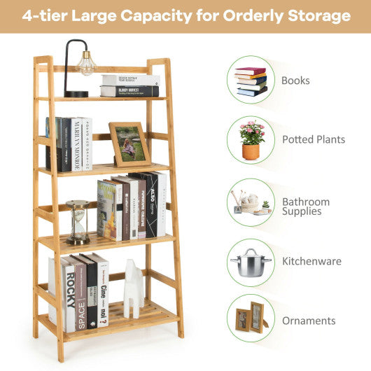 4-Tier Bamboo Bookshelf Ladder Shelf Plant Stand Rack-Natural