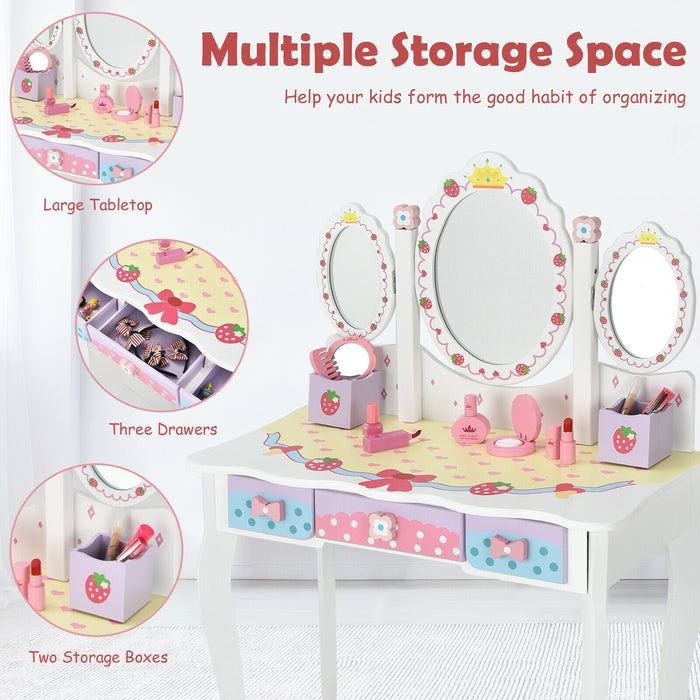 Kids Vanity Princess Makeup Dressing Table Chair Set with Tri-fold Mirror-White